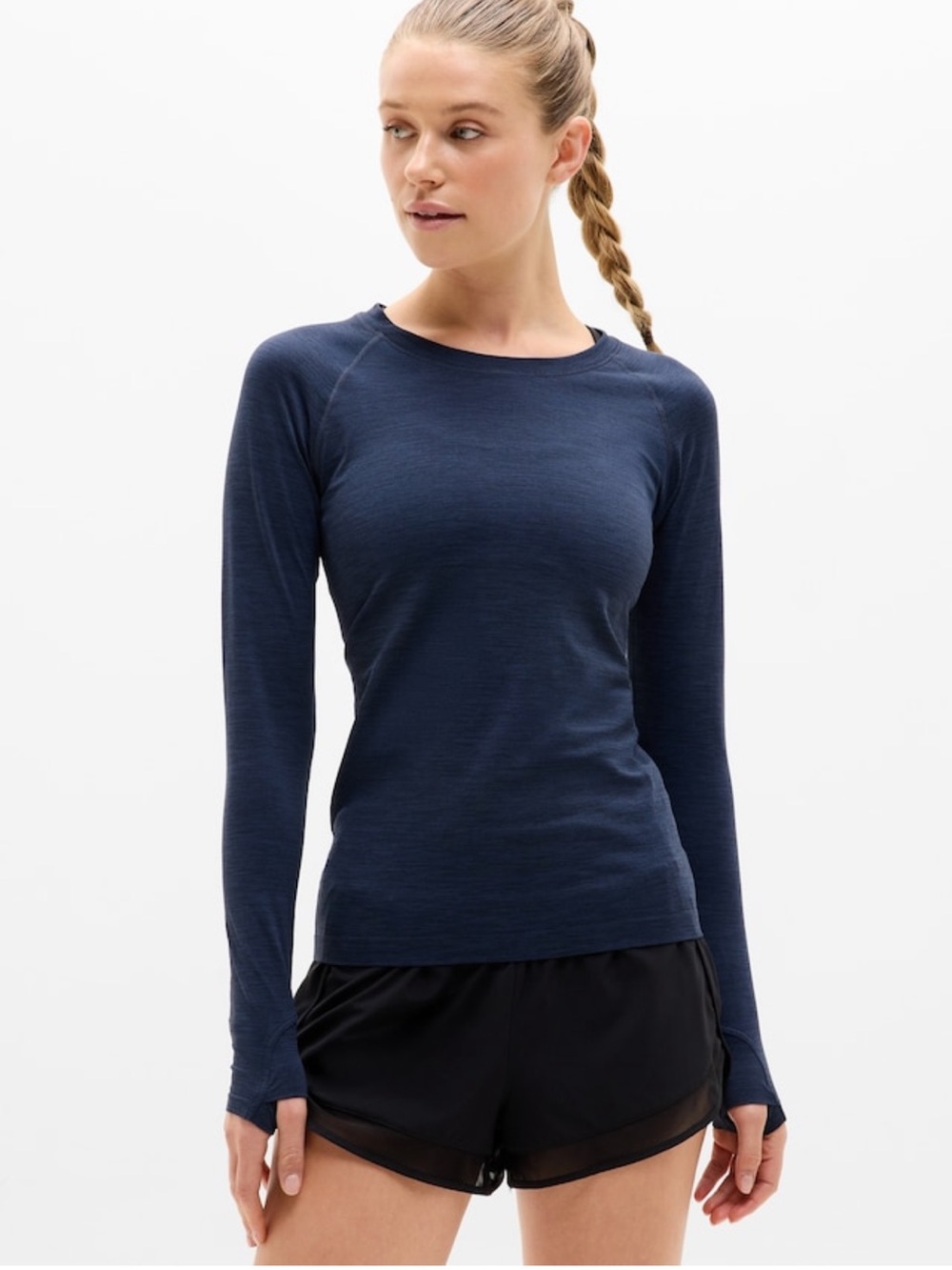 ATHLETA Women's Momentum Seamless Long-Sleeve Navy Performance Top Small
